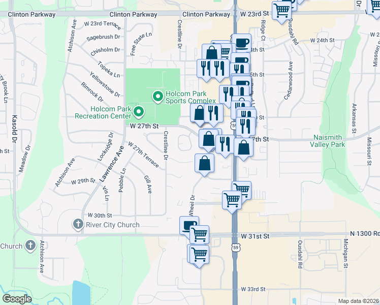 map of restaurants, bars, coffee shops, grocery stores, and more near 2738 Chipperfield Road in Lawrence