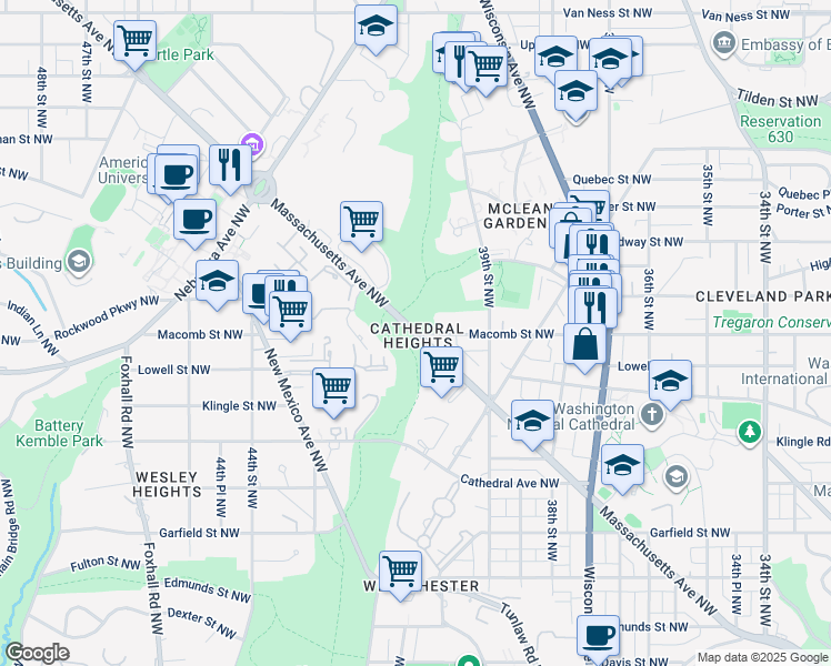 map of restaurants, bars, coffee shops, grocery stores, and more near 4203 Massachusetts Avenue Northwest in Washington