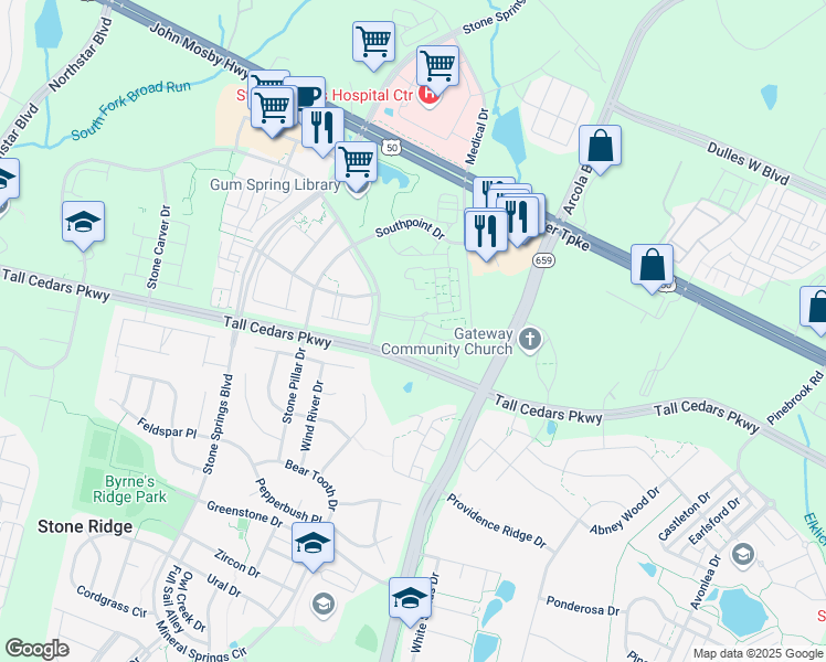 map of restaurants, bars, coffee shops, grocery stores, and more near 24735 Stone Station Terrace in Stone Ridge