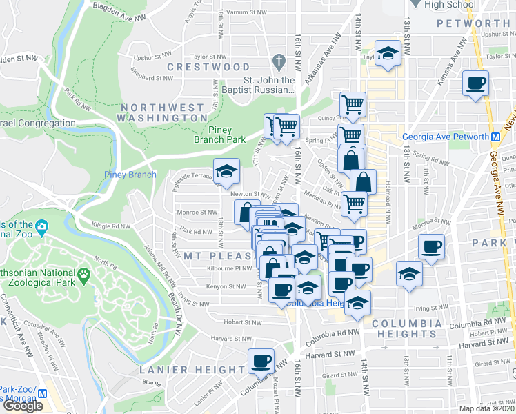 map of restaurants, bars, coffee shops, grocery stores, and more near 3330 17th Street Northwest in Washington