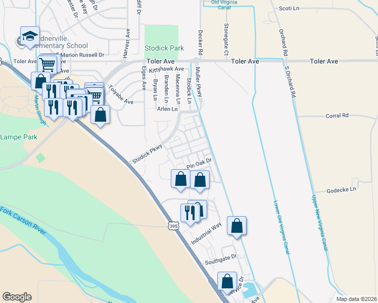 map of restaurants, bars, coffee shops, grocery stores, and more near 1425 Honey Locust Avenue in Gardnerville