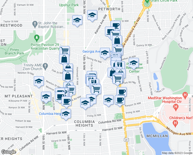 map of restaurants, bars, coffee shops, grocery stores, and more near 3518 10th Street Northwest in Washington