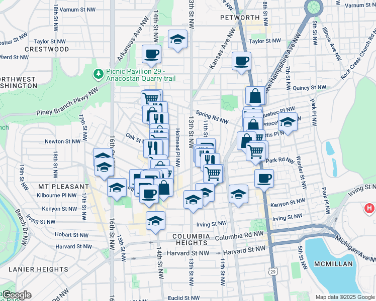 map of restaurants, bars, coffee shops, grocery stores, and more near 3542 13th Street Northwest in Washington