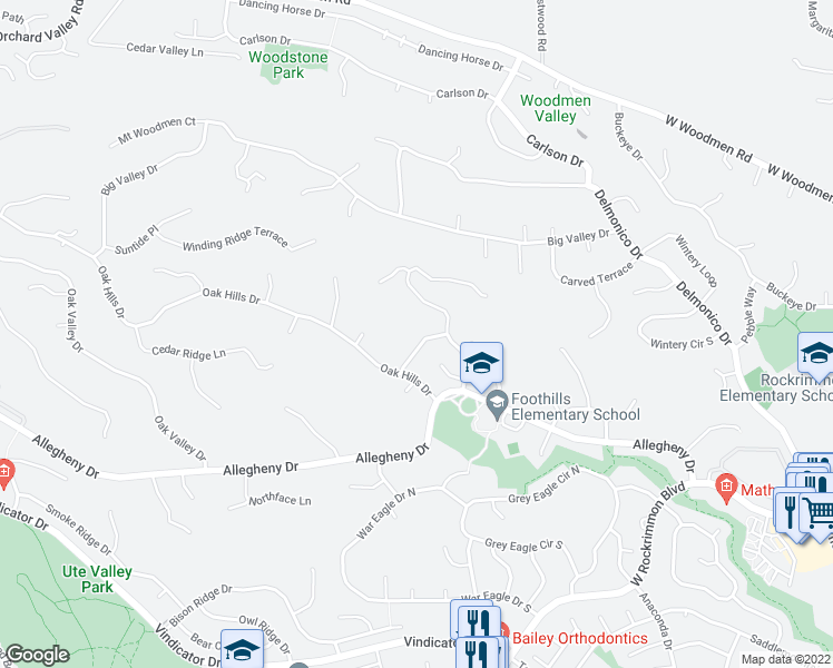 map of restaurants, bars, coffee shops, grocery stores, and more near 7040 Night Hawk Place in Colorado Springs