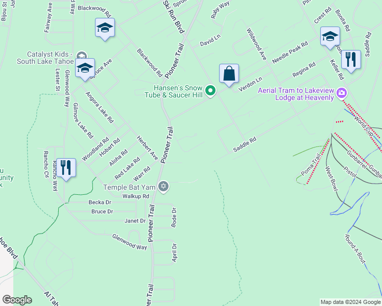 map of restaurants, bars, coffee shops, grocery stores, and more near 1453 Frontier Court in South Lake Tahoe