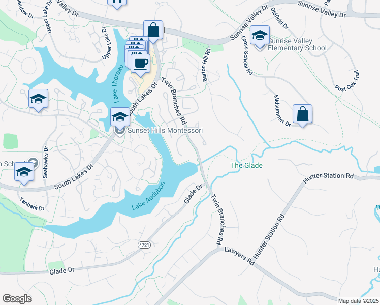 map of restaurants, bars, coffee shops, grocery stores, and more near 2070 Twin Branches Road in Reston