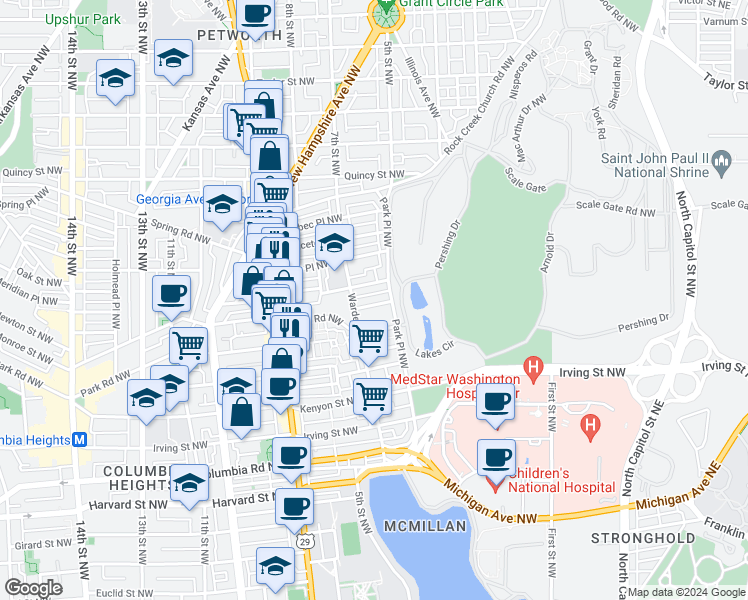 map of restaurants, bars, coffee shops, grocery stores, and more near 433 Manor Place Northwest in Washington
