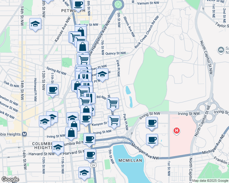 map of restaurants, bars, coffee shops, grocery stores, and more near 433 Manor Place Northwest in Washington
