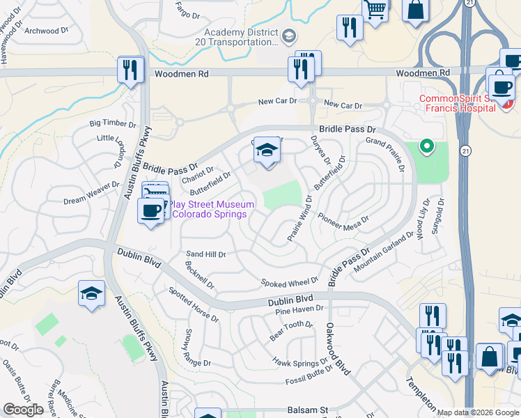 map of restaurants, bars, coffee shops, grocery stores, and more near 6783 Prairie Wind Drive in Colorado Springs
