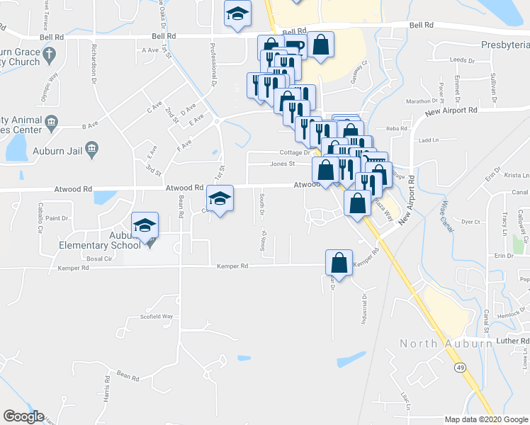 map of restaurants, bars, coffee shops, grocery stores, and more near 11690 Atwood Road in Auburn