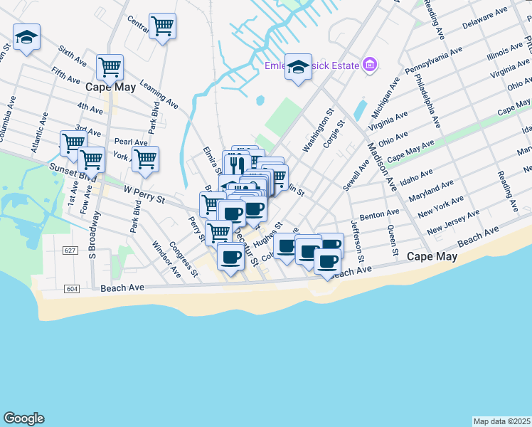 map of restaurants, bars, coffee shops, grocery stores, and more near 608 Washington Street in Cape May