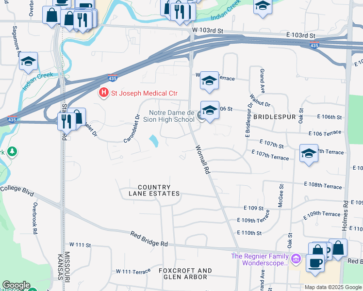 map of restaurants, bars, coffee shops, grocery stores, and more near 501 West 107th Street in Kansas City