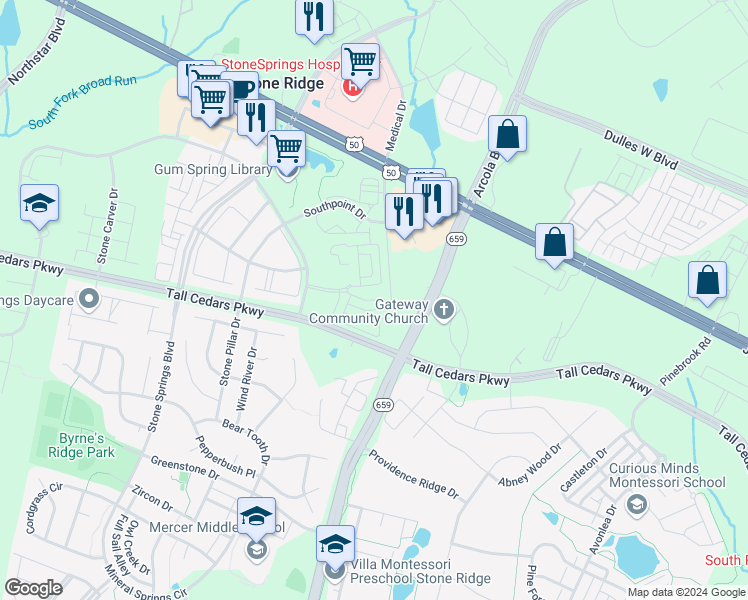 map of restaurants, bars, coffee shops, grocery stores, and more near 42265 Black Rock Terrace in Aldie