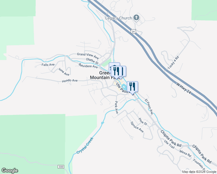 map of restaurants, bars, coffee shops, grocery stores, and more near 10580 Foster Ave in Green Mountain Falls