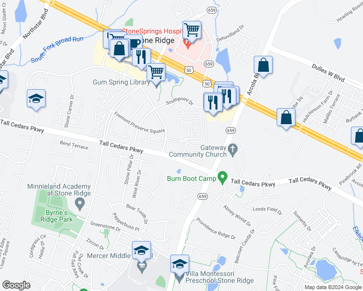 map of restaurants, bars, coffee shops, grocery stores, and more near 24739 Stone Station Terrace in Aldie