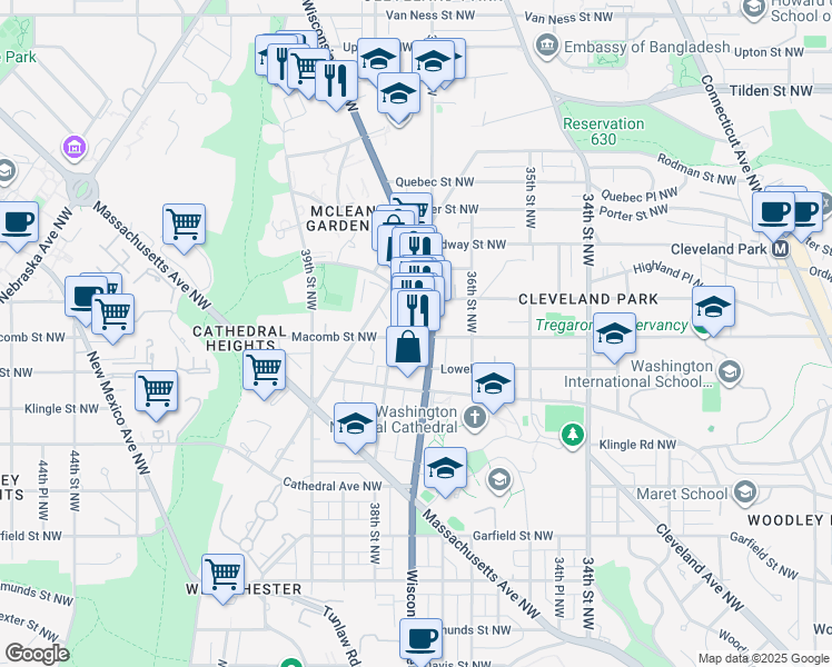 map of restaurants, bars, coffee shops, grocery stores, and more near 3715 Macomb Street Northwest in Washington