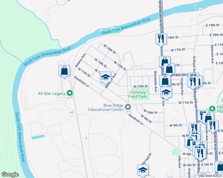 map of restaurants, bars, coffee shops, grocery stores, and more near 641 West 11th Street in Front Royal