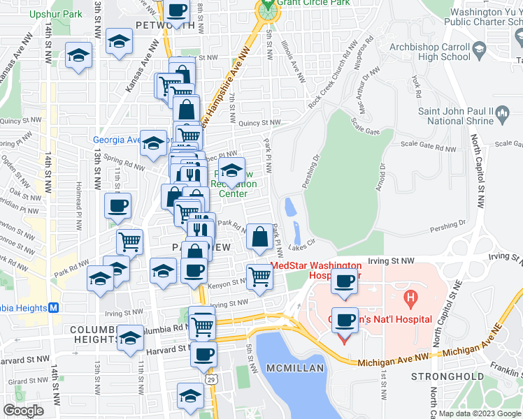 map of restaurants, bars, coffee shops, grocery stores, and more near 429 Manor Place Northwest in Washington