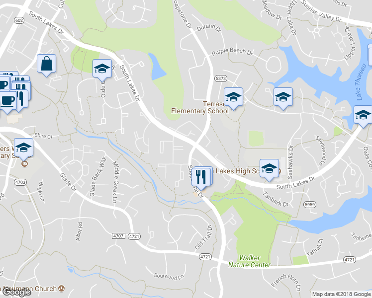 map of restaurants, bars, coffee shops, grocery stores, and more near 2241 Castle Rock Square in Reston