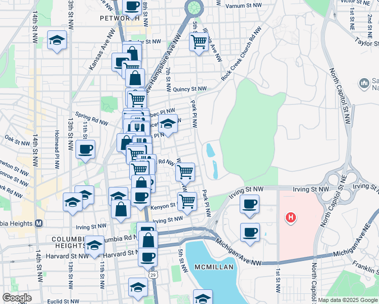map of restaurants, bars, coffee shops, grocery stores, and more near 429 Manor Place Northwest in Washington
