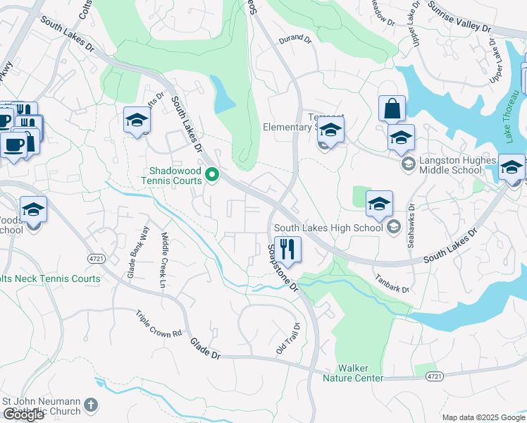 map of restaurants, bars, coffee shops, grocery stores, and more near 2241 Castle Rock Square in Reston