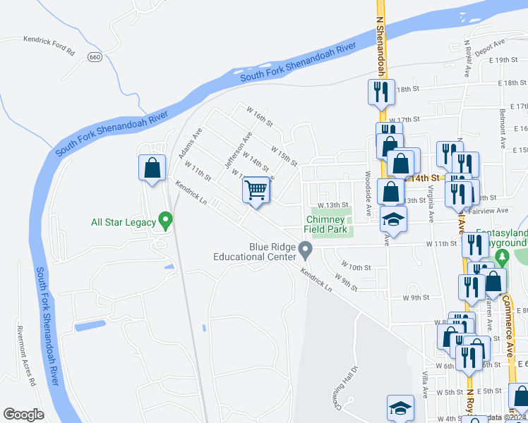 map of restaurants, bars, coffee shops, grocery stores, and more near 641 West 11th Street in Front Royal