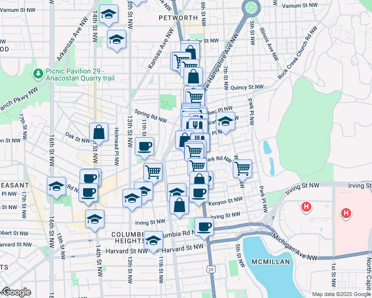 map of restaurants, bars, coffee shops, grocery stores, and more near 739 Newton Place Northwest in Washington