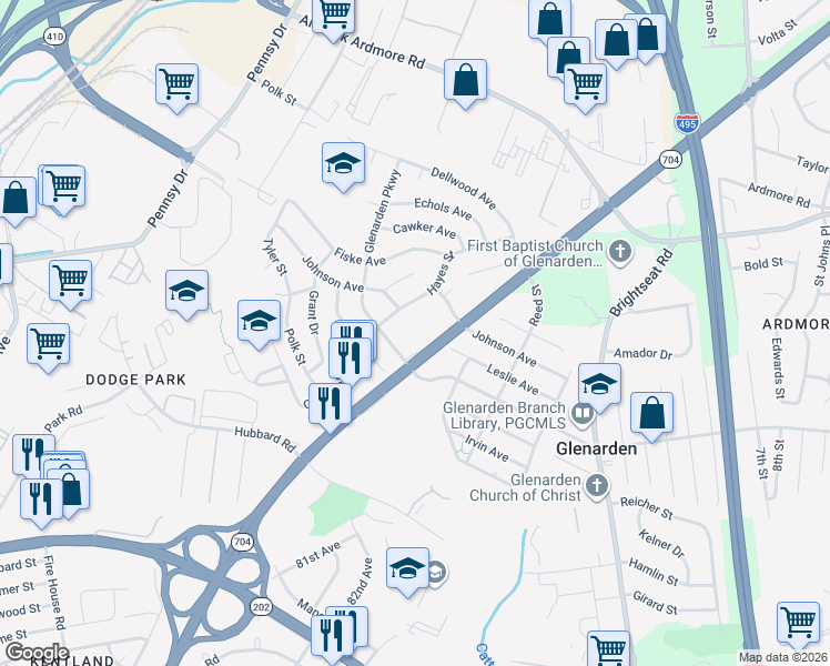 map of restaurants, bars, coffee shops, grocery stores, and more near 7926 Glenarden Parkway in Glenarden
