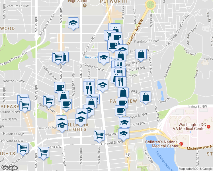 map of restaurants, bars, coffee shops, grocery stores, and more near 3527 New Hampshire Avenue Northwest in Washington