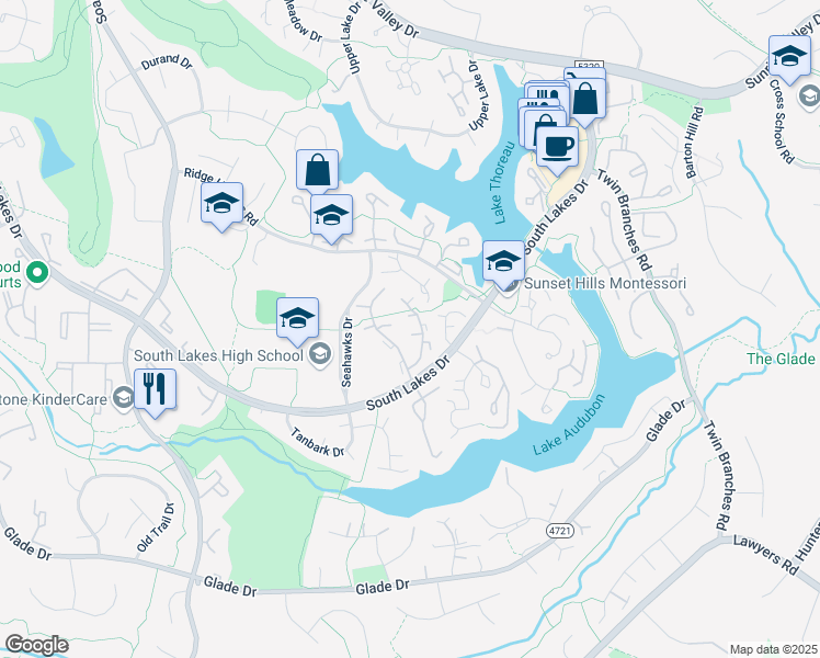 map of restaurants, bars, coffee shops, grocery stores, and more near 11252 Silentwood Lane in Reston