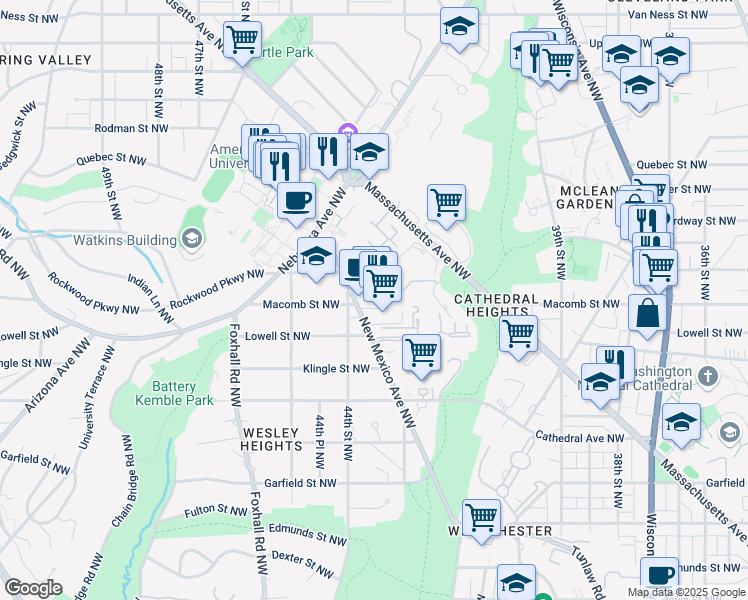 map of restaurants, bars, coffee shops, grocery stores, and more near 3301 New Mexico Avenue Northwest in Washington