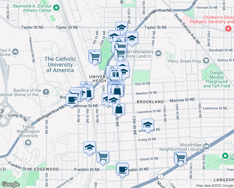 map of restaurants, bars, coffee shops, grocery stores, and more near 3601 12th Street Northeast in Washington