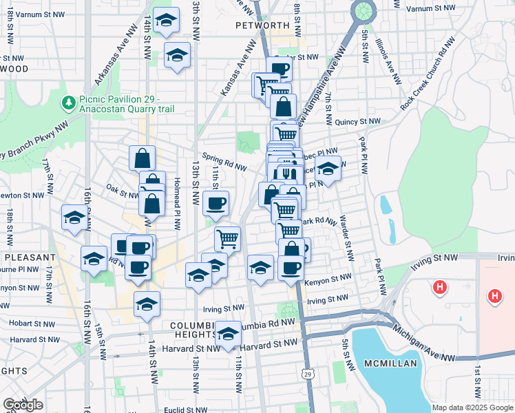 map of restaurants, bars, coffee shops, grocery stores, and more near 3527 New Hampshire Avenue Northwest in Washington