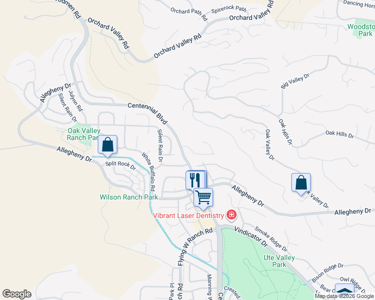 map of restaurants, bars, coffee shops, grocery stores, and more near 2155 Bluffside Terrace in Colorado Springs