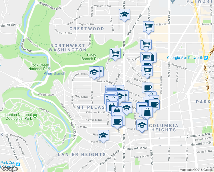 map of restaurants, bars, coffee shops, grocery stores, and more near 3334 17th Street Northwest in Washington