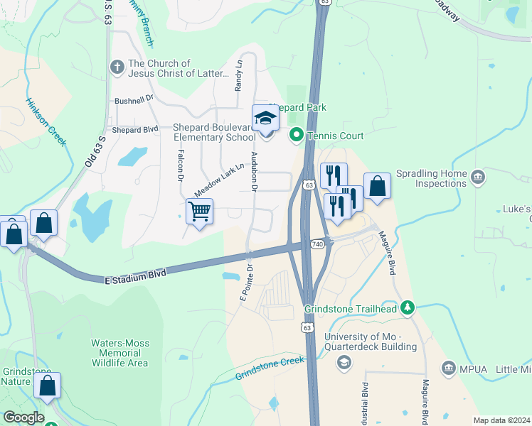 map of restaurants, bars, coffee shops, grocery stores, and more near 1418 North Azalea Drive in Columbia
