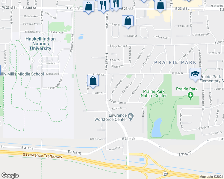 map of restaurants, bars, coffee shops, grocery stores, and more near 2727 Ponderosa Drive in Lawrence