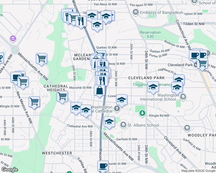 map of restaurants, bars, coffee shops, grocery stores, and more near 3315 Wisconsin Avenue Northwest in Washington