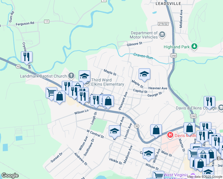 map of restaurants, bars, coffee shops, grocery stores, and more near 301 Grant Street in Elkins