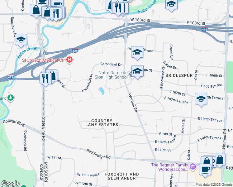 map of restaurants, bars, coffee shops, grocery stores, and more near 501 West 107th Street in Kansas City
