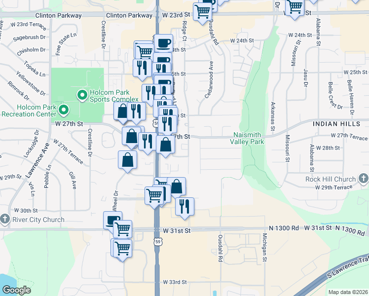 map of restaurants, bars, coffee shops, grocery stores, and more near 2704 Ridge Court in Lawrence
