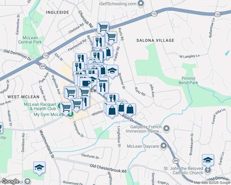map of restaurants, bars, coffee shops, grocery stores, and more near 1429 McLean Mews Court in McLean