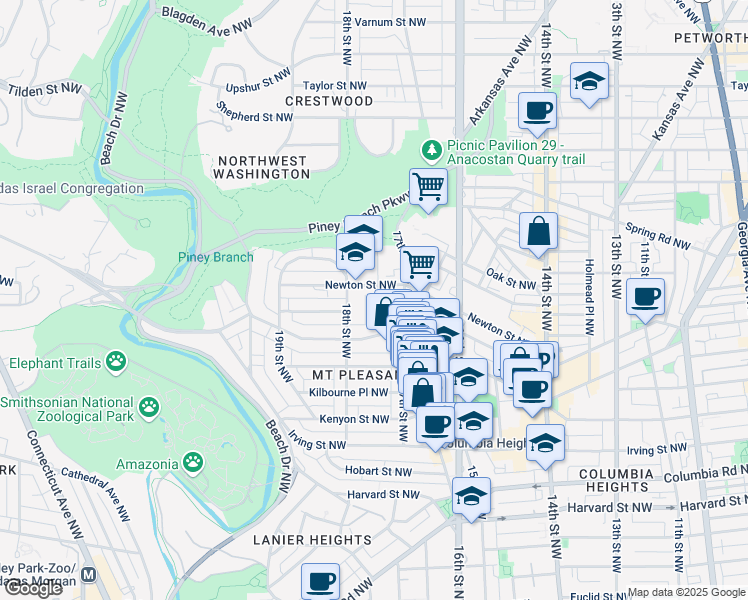 map of restaurants, bars, coffee shops, grocery stores, and more near 3348 Mount Pleasant Street Northwest in Washington