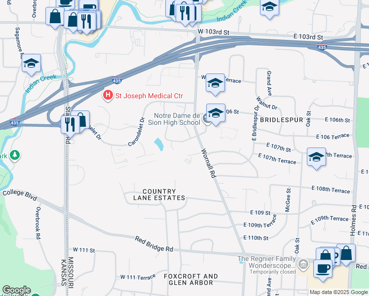 map of restaurants, bars, coffee shops, grocery stores, and more near 501 West 107th Street in Kansas City