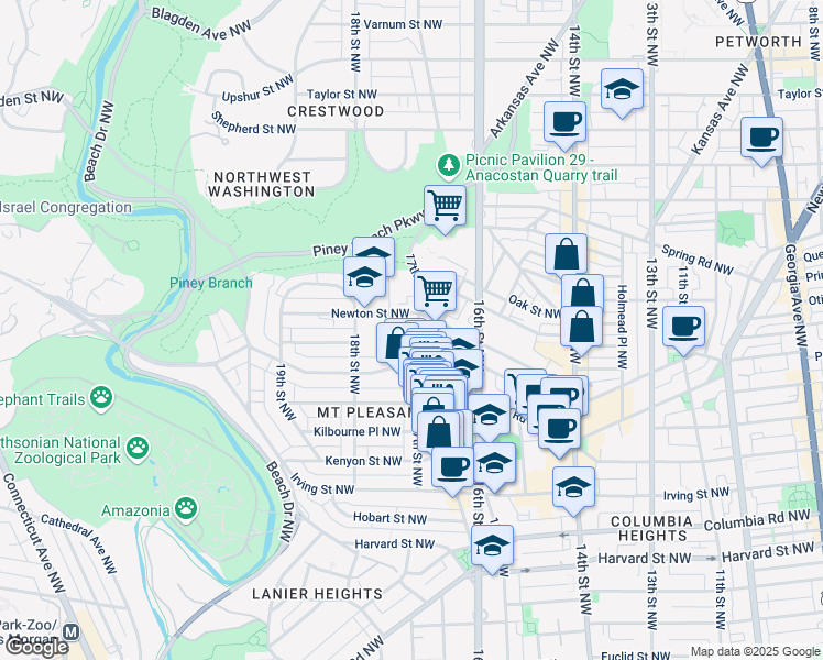 map of restaurants, bars, coffee shops, grocery stores, and more near 3334 17th Street Northwest in Washington