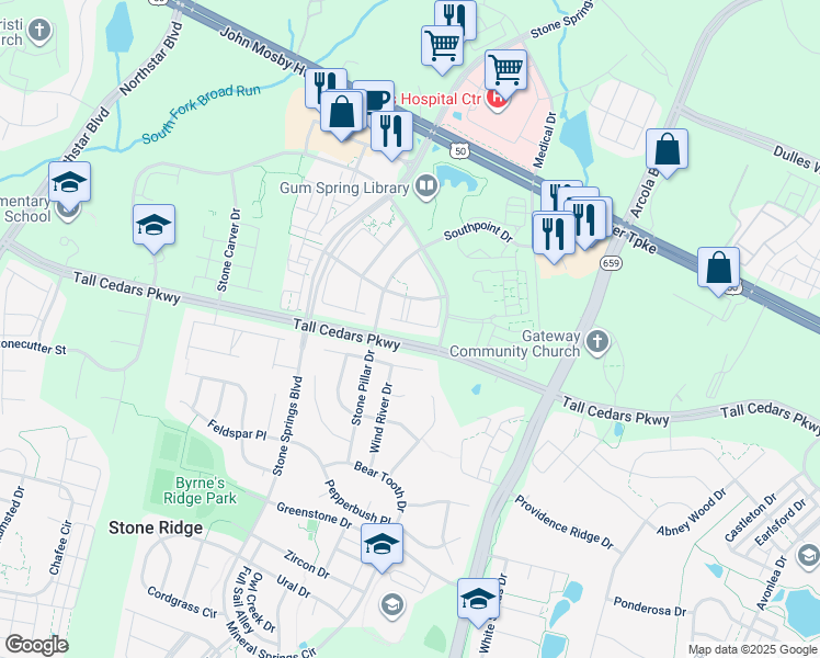 map of restaurants, bars, coffee shops, grocery stores, and more near 24732 Clock Tower Square in Stone Ridge