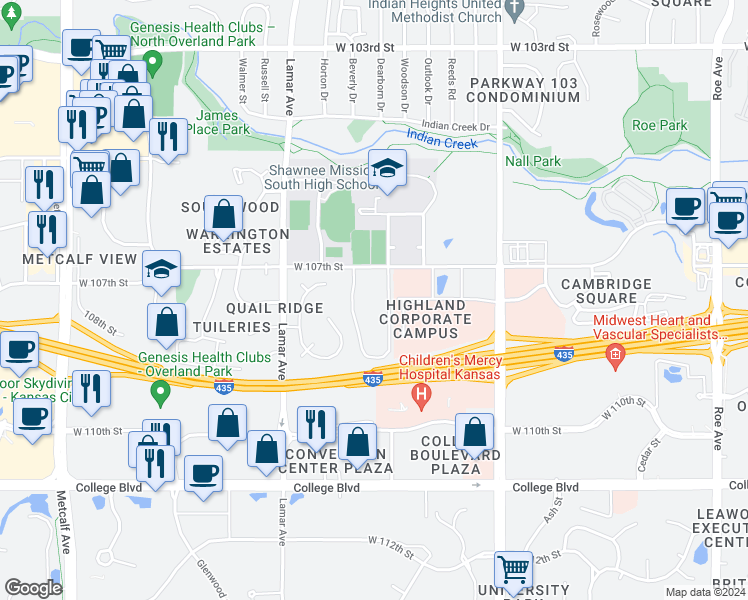 map of restaurants, bars, coffee shops, grocery stores, and more near 5901 West 107th Street in Overland Park