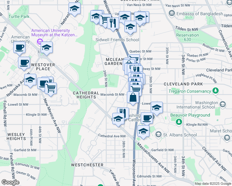 map of restaurants, bars, coffee shops, grocery stores, and more near 3835 Macomb Street Northwest in Washington
