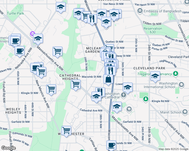 map of restaurants, bars, coffee shops, grocery stores, and more near 3835 Macomb Street Northwest in Washington