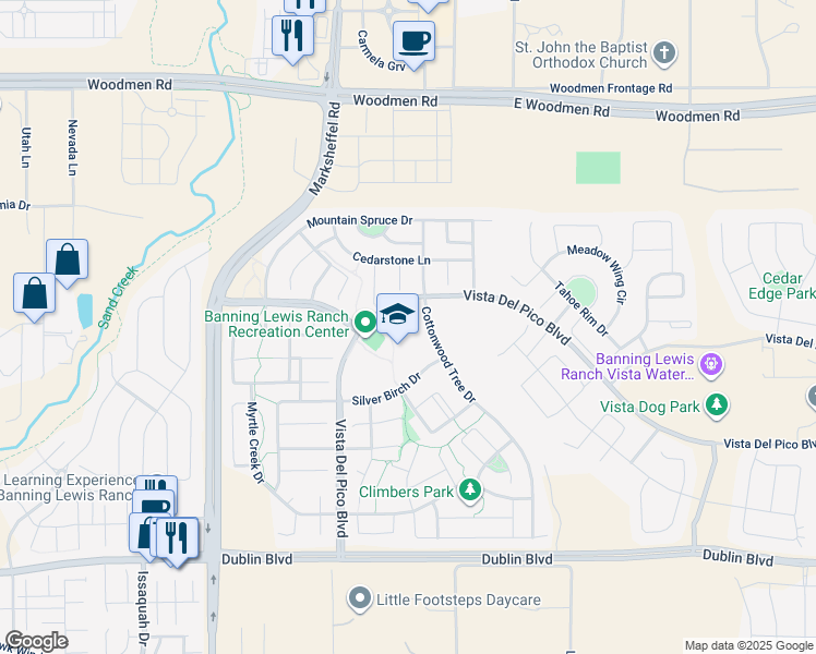 map of restaurants, bars, coffee shops, grocery stores, and more near 7094 Cottonwood Tree Drive in Colorado Springs